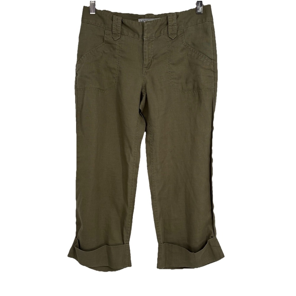 Y2K Old Navy Womens Cropped Low Rise Linen Pants 4 Army Green Cuffs Retro Beach
